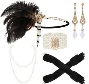 Cizoe 1920s Gatsby Accessories Set for Women Flapper Headband 20s Headpiece Necklace Gloves(ce)