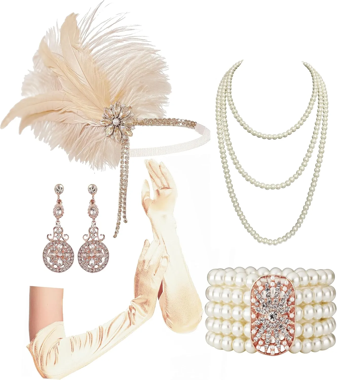 Cizoe Flapper Accessories for Women,20s Great Gatsby Accessory Set 1920s Headpiece Flapper Headband Gloves Necklace