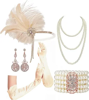 Cizoe Flapper Accessories for Women,20s Great Gatsby Accessory Set 1920s Headpiece Flapper Headband Gloves Necklace