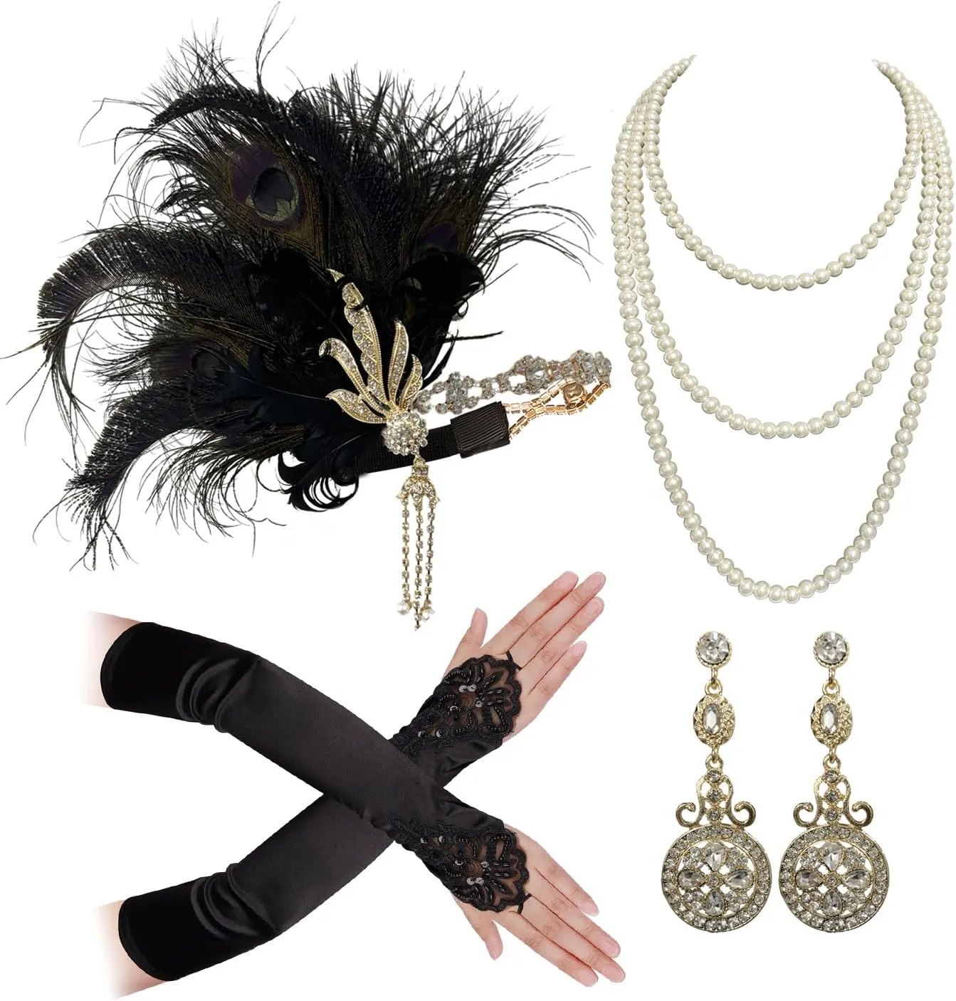 Cizoe Flapper Accessories for Women,20s Great Gatsby Accessory Set 1920s Peacock Headpiece Flapper Headband Gloves