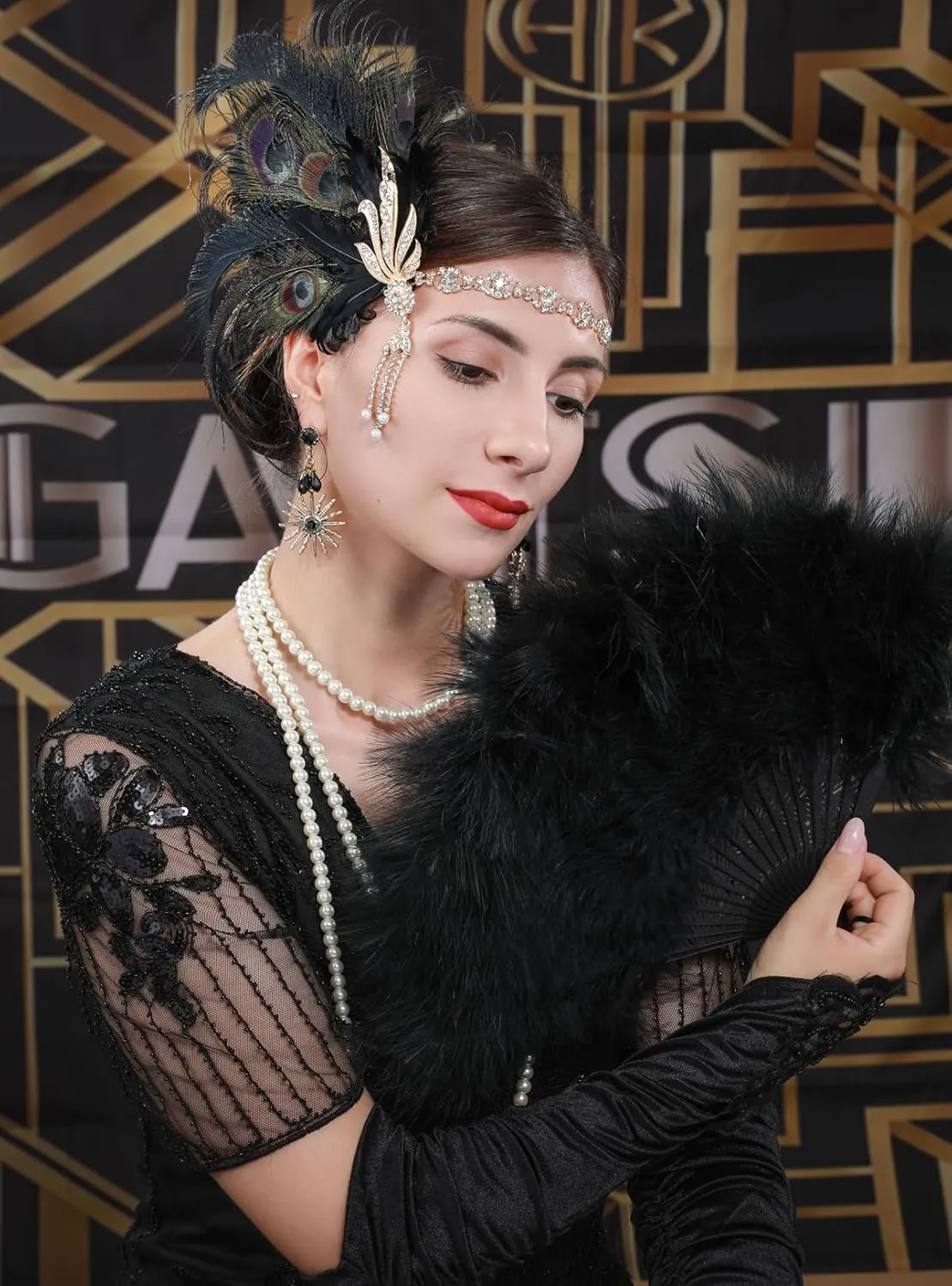 Cizoe Flapper Accessories for Women,20s Great Gatsby Accessory Set 1920s Peacock Headpiece Flapper Headband Gloves