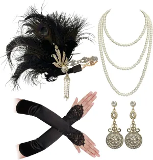 Cizoe Flapper Accessories for Women,20s Great Gatsby Accessory Set 1920s Peacock Headpiece Flapper Headband Gloves