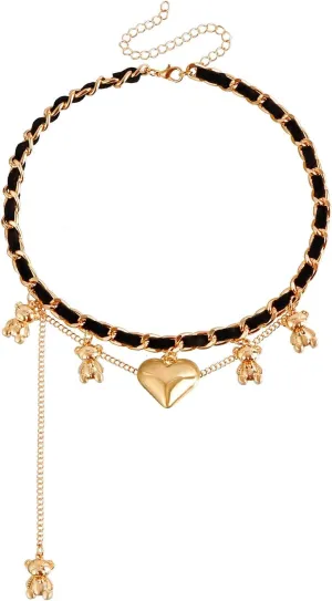 CJIAYUJEW Chunky Puffy Heart Choker Necklace Bear Choker for Women Cute Layered Tassel Chain Pendant Necklace Gothic Heart Choker
