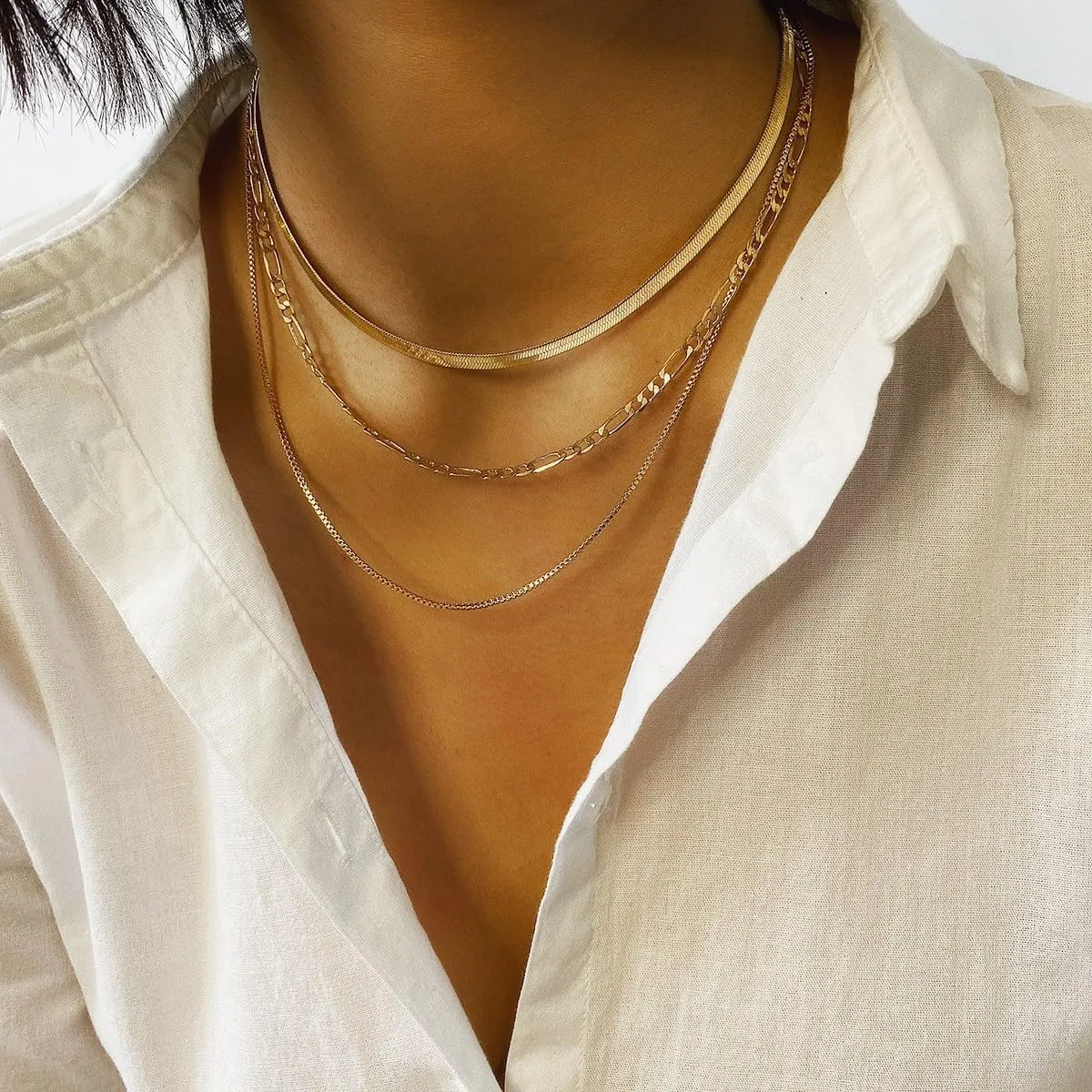 CJIAYUJEW Layered Gold Necklaces for Women, 14K Gold Plated Dainty Herringbone Necklace Gold Chain Choker Necklaces for Women