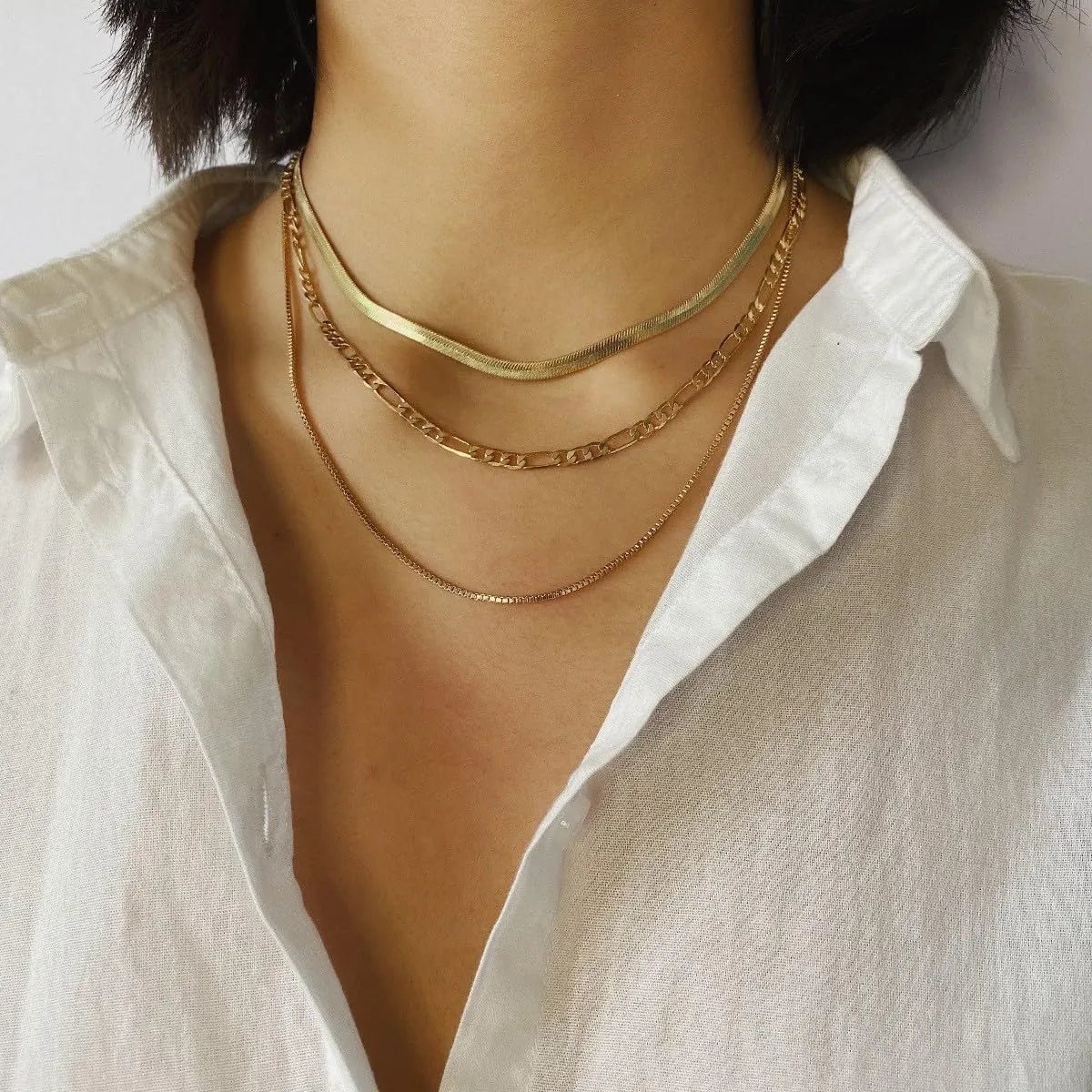 CJIAYUJEW Layered Gold Necklaces for Women, 14K Gold Plated Dainty Herringbone Necklace Gold Chain Choker Necklaces for Women