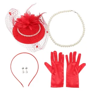 Classic Pearl Hat Jewelry Set Tea Party Headband Gloves Necklace Earring Set Stylish Party Accessory for Women