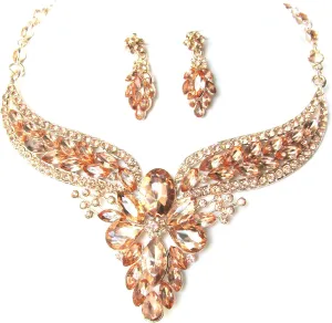Clear Rose Gold Tone Statement Wedding Jewelry Necklace and Earrings Set for Weddings or Pageants Statement Wedding Necklace Vintage Inspired