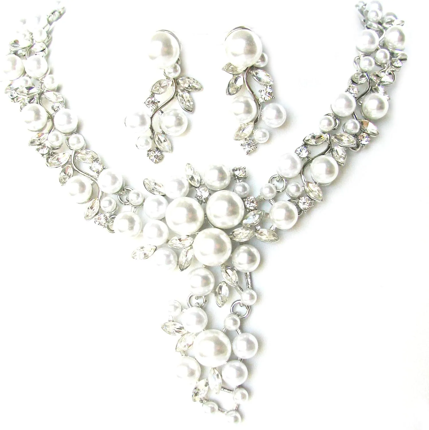 Clear Silver Tone Simulated pearl Statement Wedding Jewelry Necklace and Earrings Set for Weddings or Pageants Statement Wedding Necklace Vintage Inspired
