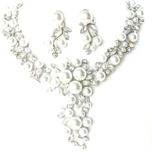 Clear Silver Tone Simulated pearl Statement Wedding Jewelry Necklace and Earrings Set for Weddings or Pageants Statement Wedding Necklace Vintage Inspired