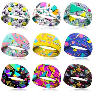 clothmile 9 Pcs 80s 90s Neon Headbands Outfit Accessories For Women Men Retro Vintage Fashion Sweatbands 90s Athletic Elastic Hairband for Hip Hop Party Style Hiking Cycling Running