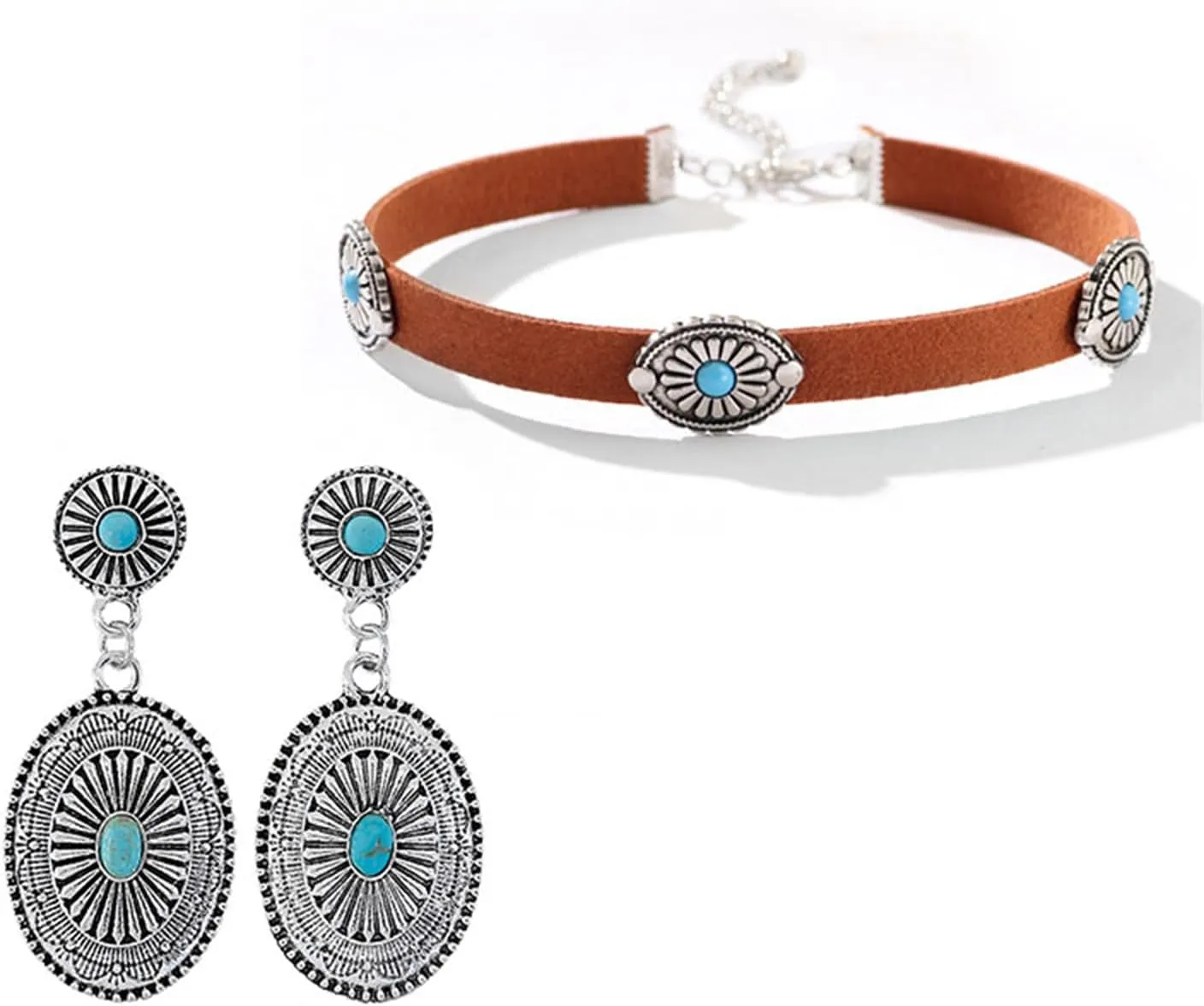 coadipress Turquoise Choker Necklace Earrings Set for Women Vintage Western Black Velvet Turquoise Choker Necklaces Carved Texture Oval Flower Dangle Drop Earrings Cowboy Statement Jewelry
