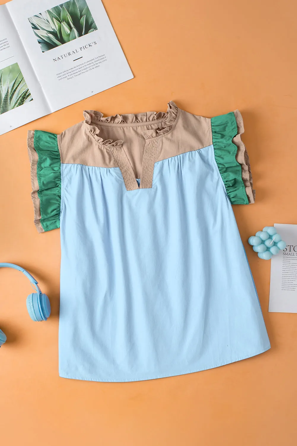 Colorblock Ruffled Sleeve Frill V Neck Blouse