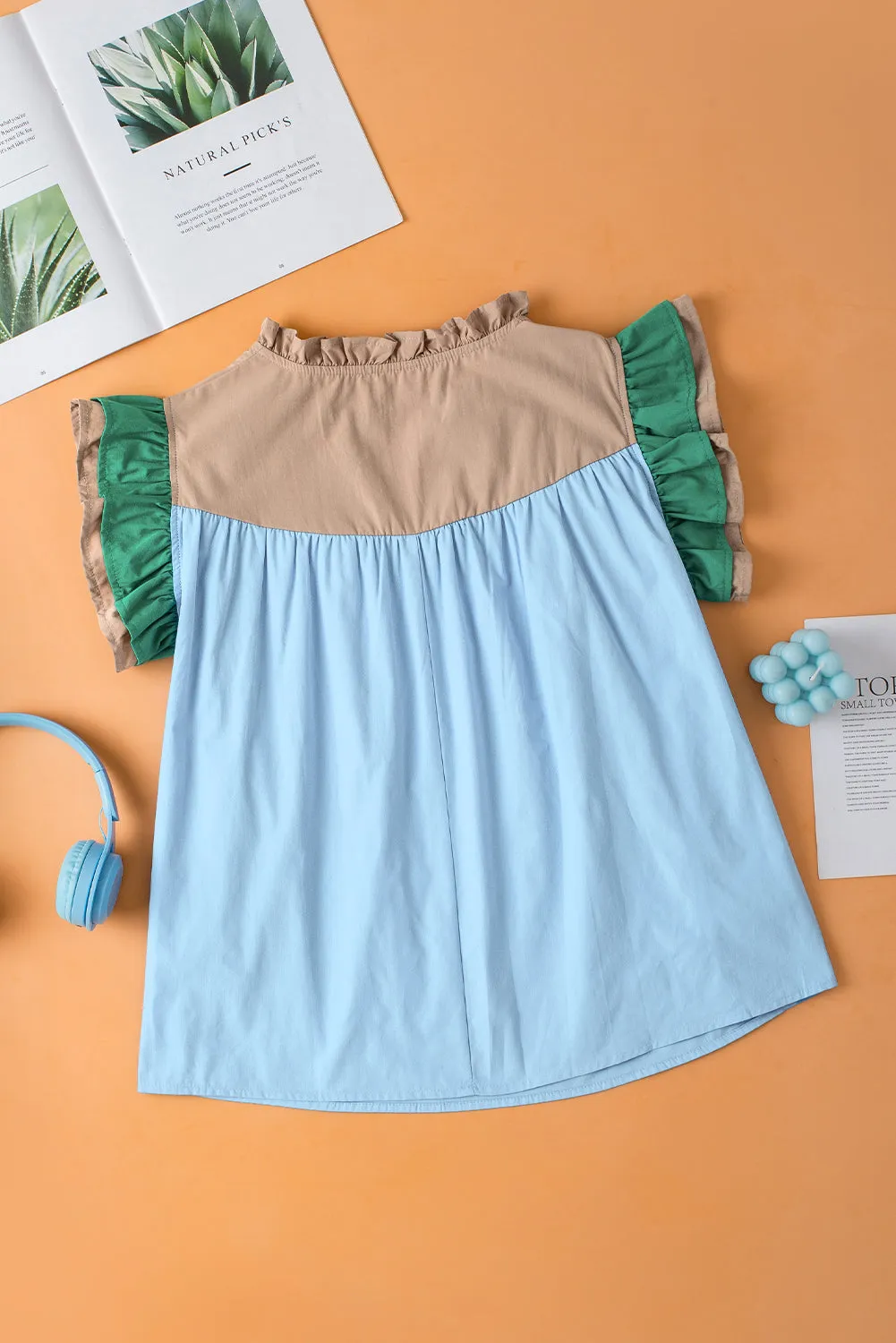 Colorblock Ruffled Sleeve Frill V Neck Blouse
