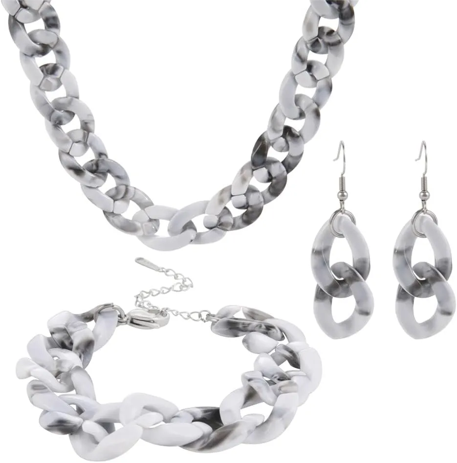COLORFUL BLING Acrylic chunky Cuban Statement Necklace paper Clip Bracelet Earring Set Hip Hop Punk Choker paper clip Statement jewelry set-white