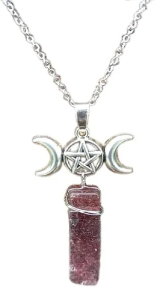 COLORFUL BLING Triple Godness Moon Symbol Natural Stone Pendant Necklace Crescent Healing Wicca Pagan Pentagram for Women Amulet Sailor Moon Lucky Jewelry