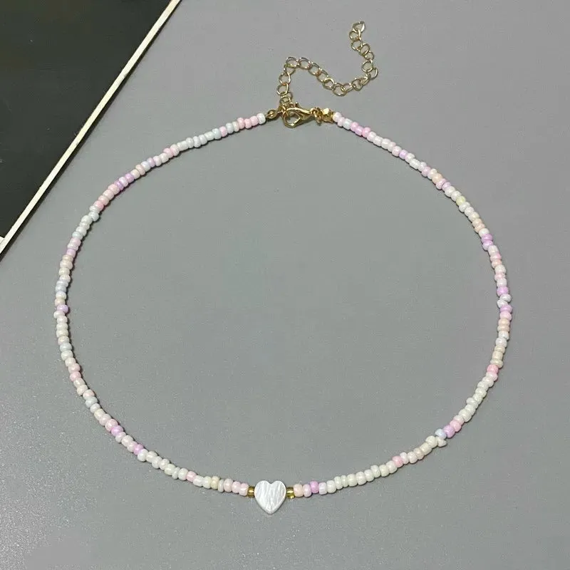 Colorful Seed Bead Choker Necklace New Love Heart Pendant Trendy Design Collar Jewelry