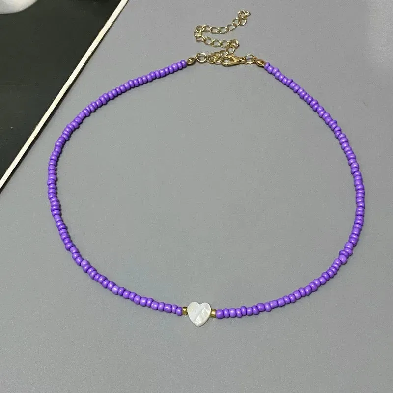 Colorful Seed Bead Choker Necklace New Love Heart Pendant Trendy Design Collar Jewelry