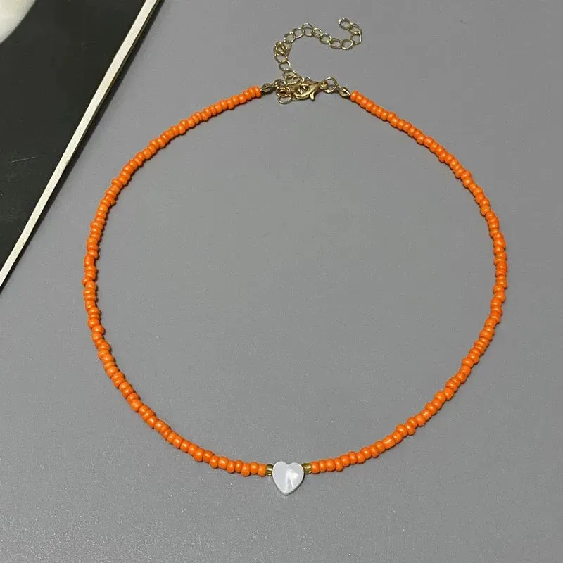 Colorful Seed Bead Choker Necklace New Love Heart Pendant Trendy Design Collar Jewelry
