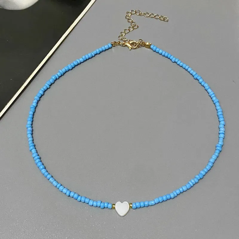 Colorful Seed Bead Choker Necklace New Love Heart Pendant Trendy Design Collar Jewelry