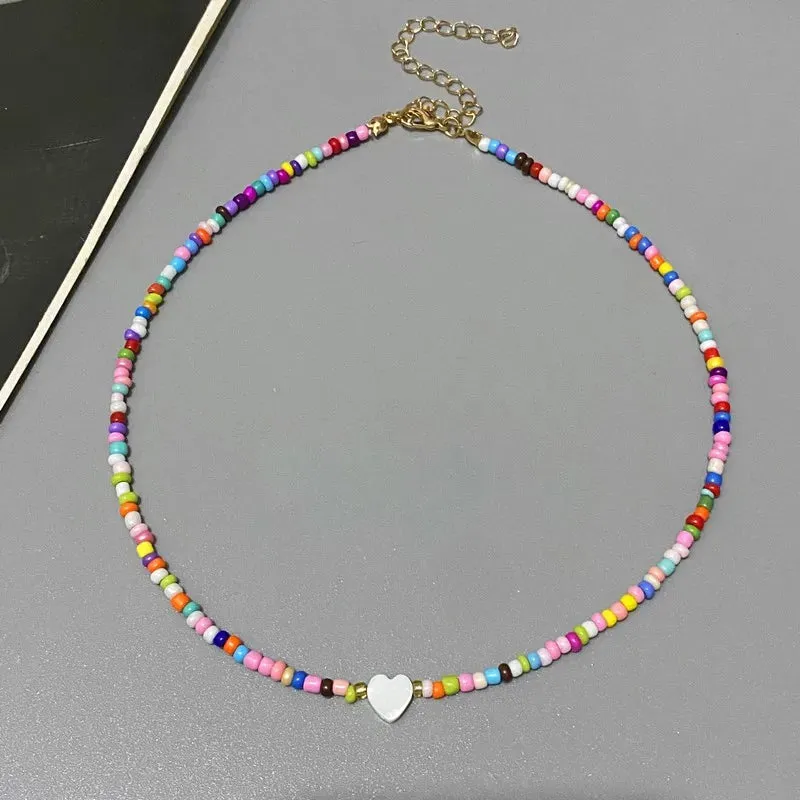 Colorful Seed Bead Choker Necklace New Love Heart Pendant Trendy Design Collar Jewelry