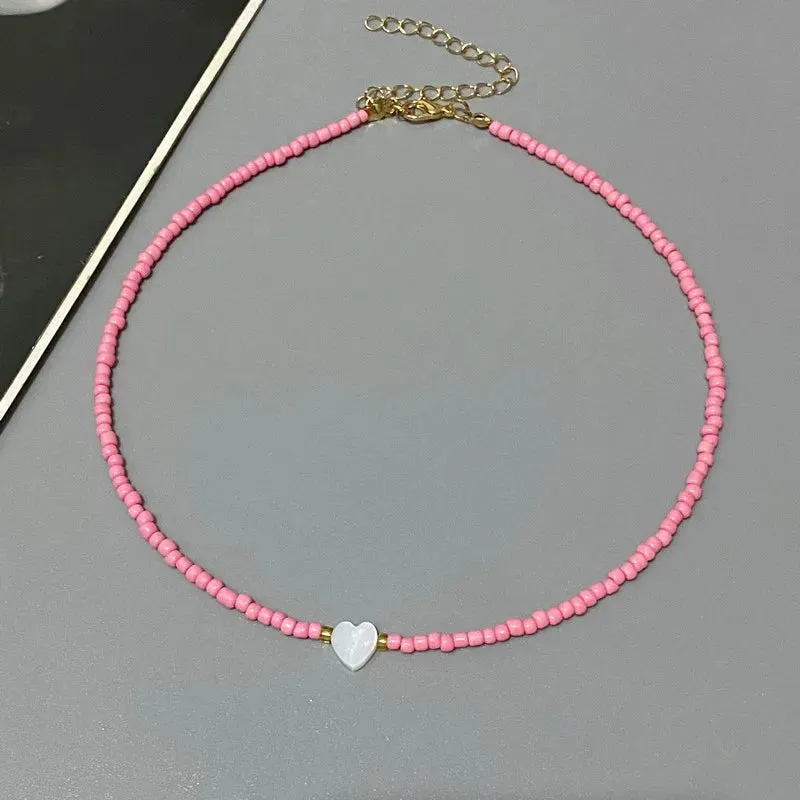 Colorful Seed Bead Choker Necklace New Love Heart Pendant Trendy Design Collar Jewelry