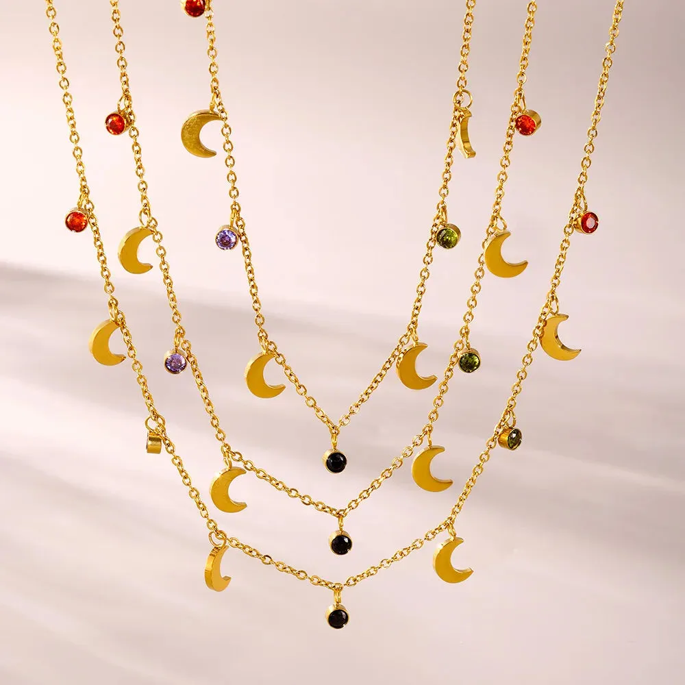 Colorful Zirconia Moon Pendant Necklace Women's Luxury Gift