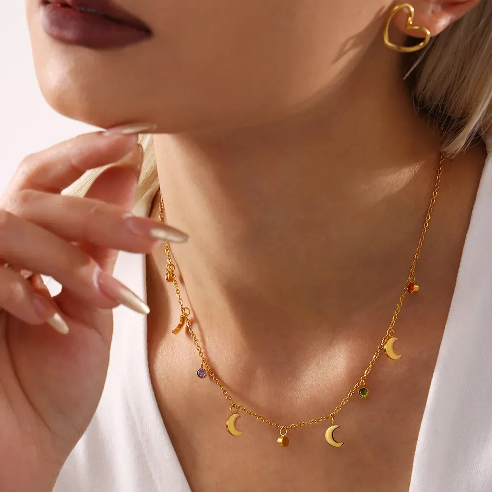 Colorful Zirconia Moon Pendant Necklace Women's Luxury Gift