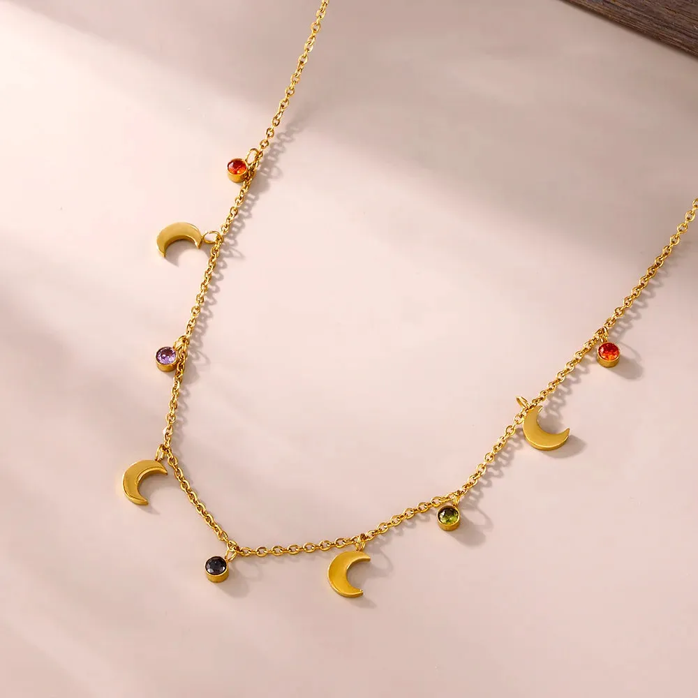 Colorful Zirconia Moon Pendant Necklace Women's Luxury Gift