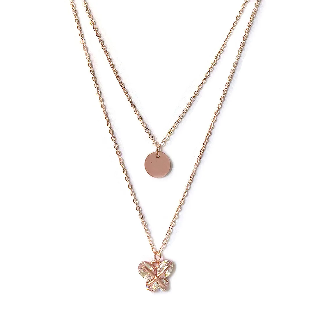 Contemporary Circular & Diamante Studded Butterfly Pendant Rose Gold-Toned Multi-Layered Necklace