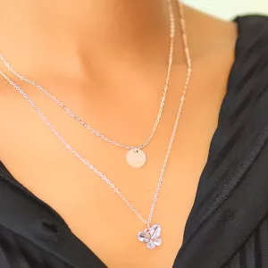 Contemporary Circular & Diamante Studded Butterfly Pendant Rose Gold-Toned Multi-Layered Necklace