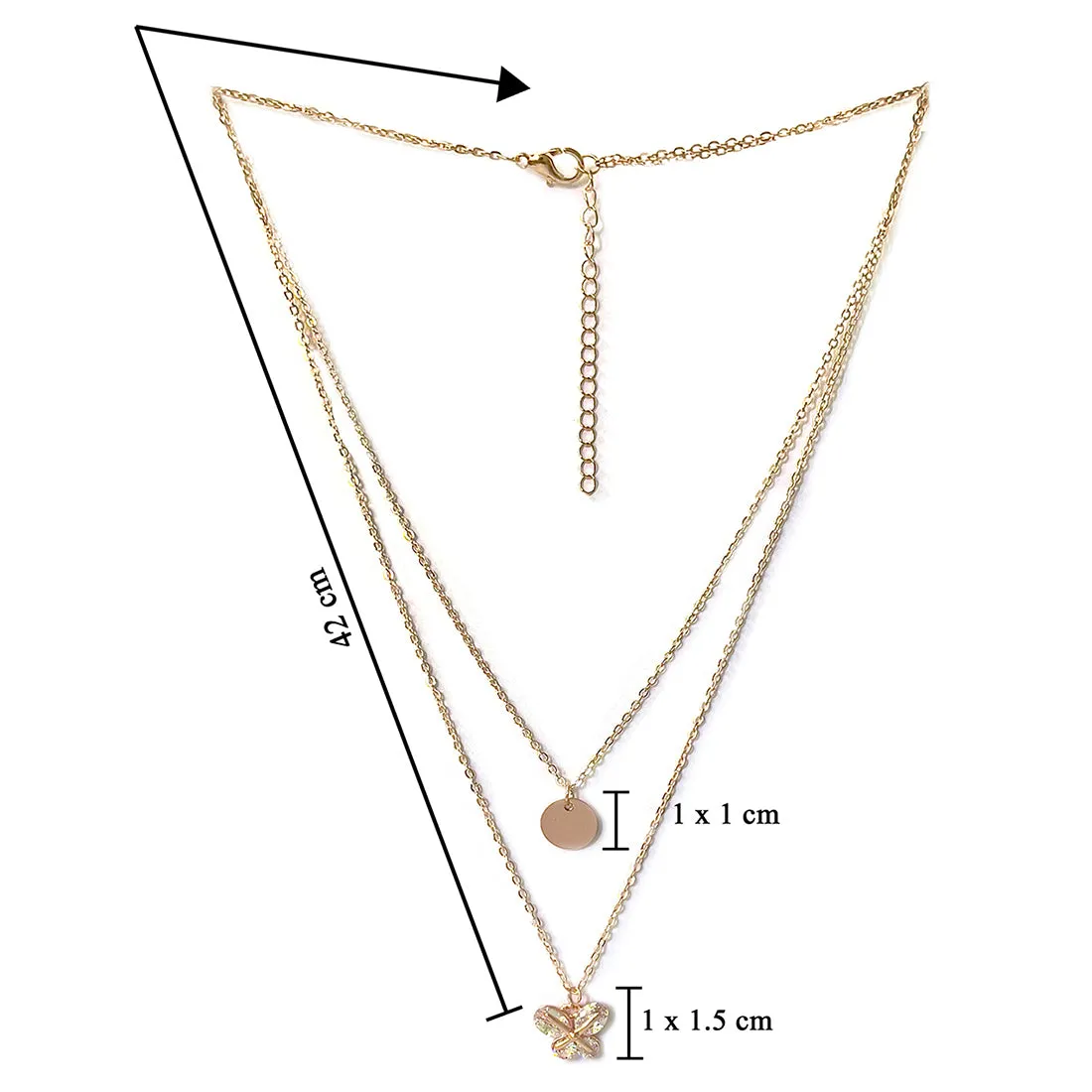 Contemporary Circular & Diamante Studded Butterfly Pendant Rose Gold-Toned Multi-Layered Necklace
