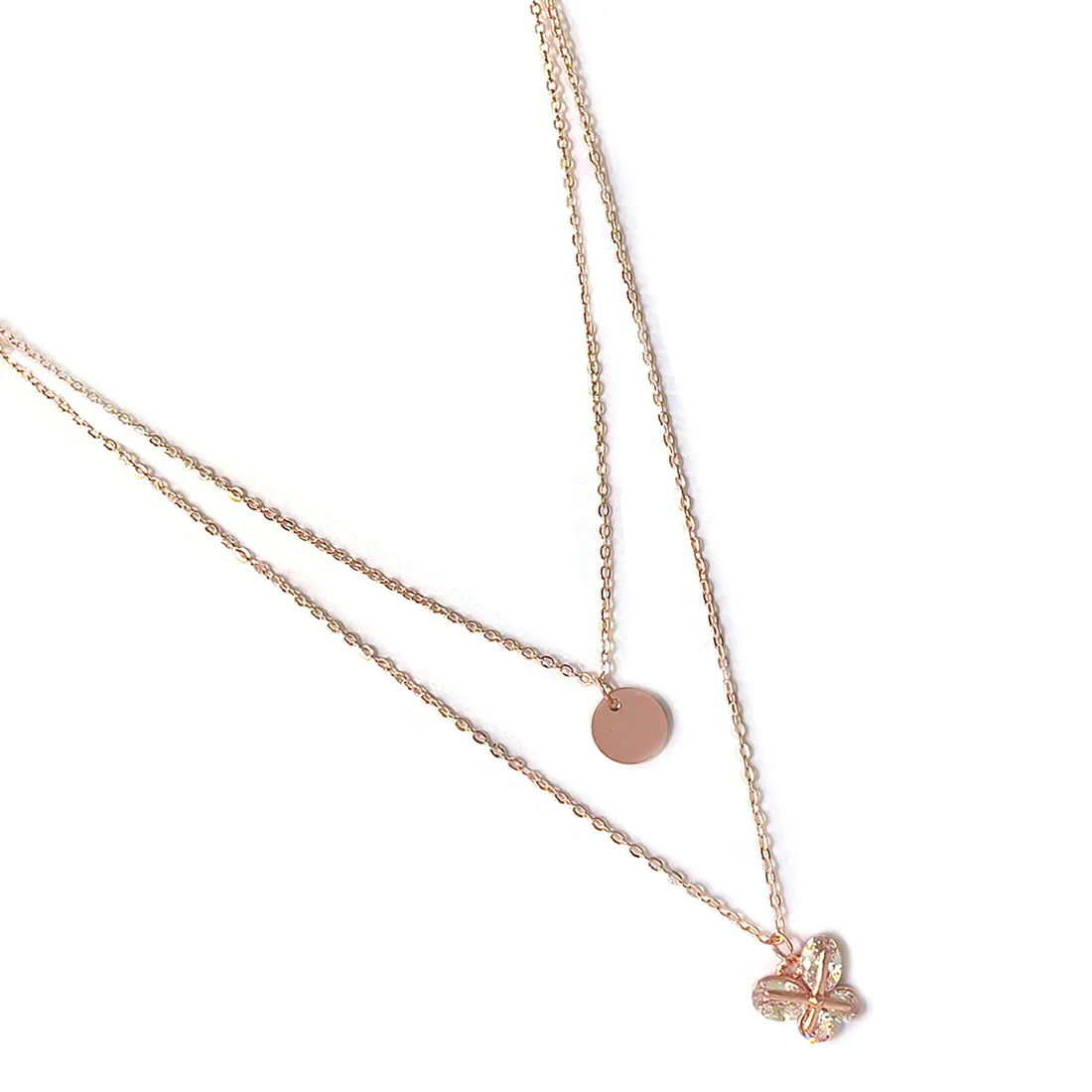 Contemporary Circular & Diamante Studded Butterfly Pendant Rose Gold-Toned Multi-Layered Necklace