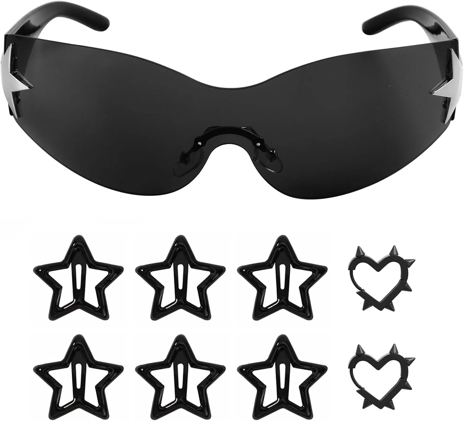 Cool Fun 2000s Women's Y2K Stuff Rave Jewelry Accessories,Black Wrap Around Sunglasses Stars Hair Clips and Gothic Heart Earrings Set