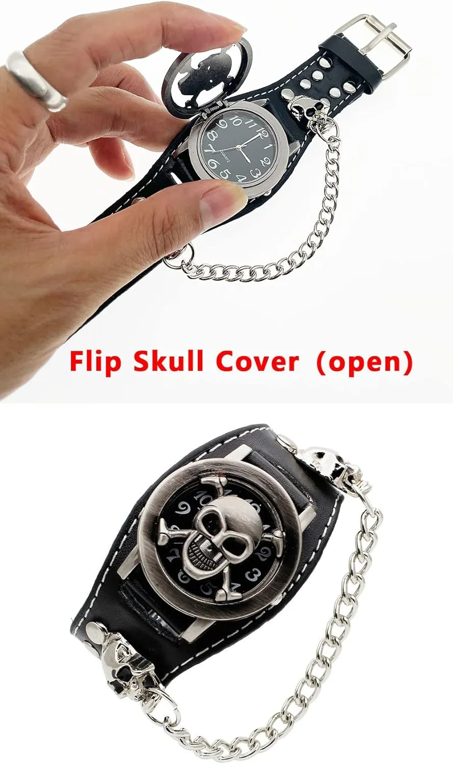 Cool Leather Punk Skull Quartz Men's Wrist Watch,Skull Flip Cover Women's Watch,Skull Chains Rivets Elements,Fashion for Valentine's Day Gift