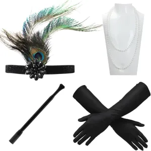 Costume Accessories Set, Headpiece Pearl Necklace Cigarette Rod 5 Pcs 1920S Great Vintage Flapper Women Kit Headband Women For