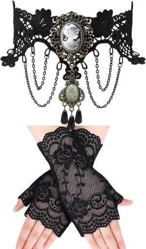 Costume Black Lace Choker and Lace Gloves Goth Choker Victorian Jewelry for Women Goth Accessories Vampire Costume