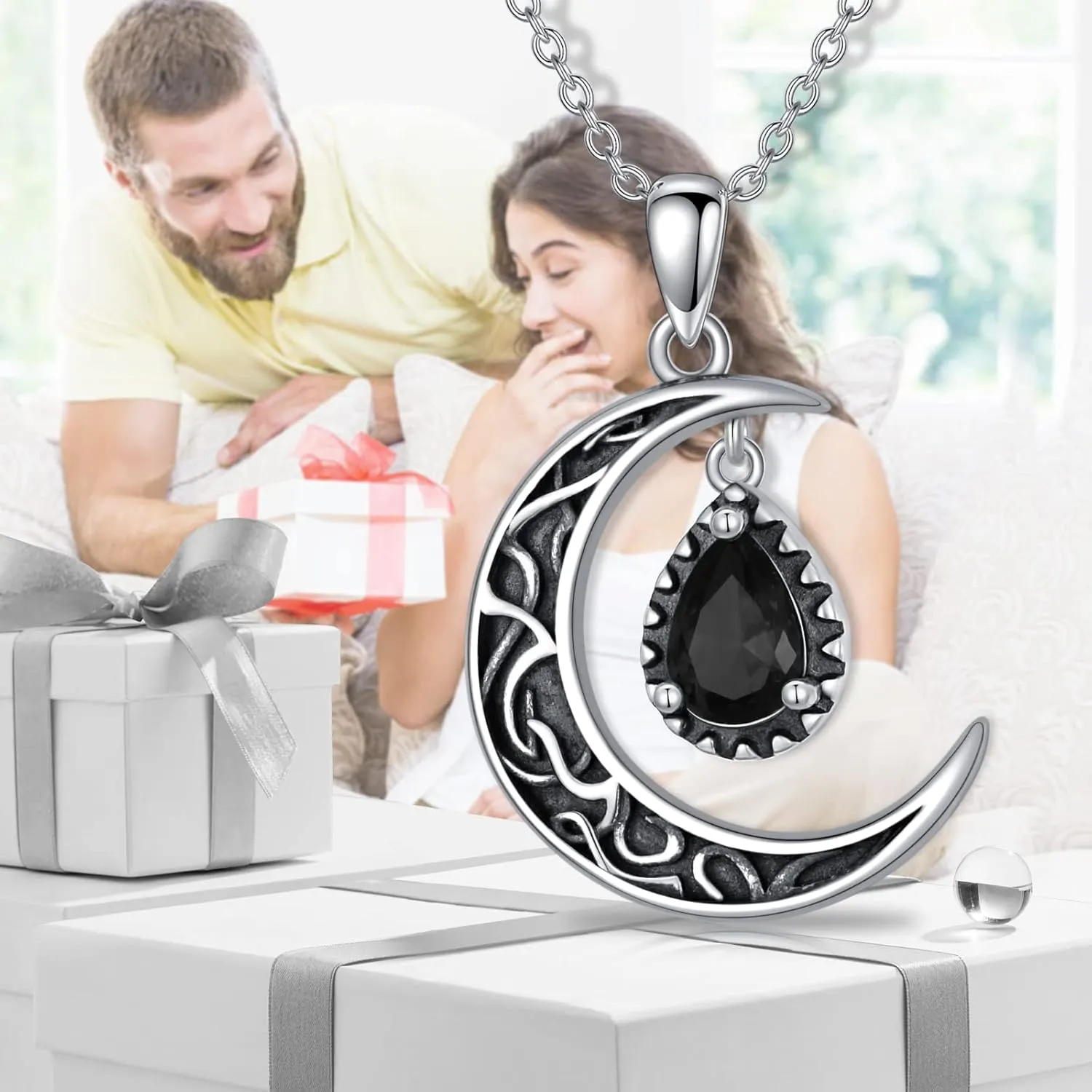 Crescent Moon Necklace Sterling Silver Emerald/Red/Purple/Black/Rainbow Topaz/Green/Aquamarine/Blue/Moss Agate Celtic Moon Teardrop Necklace Celtic Jewelry Gifts for Women Birthday