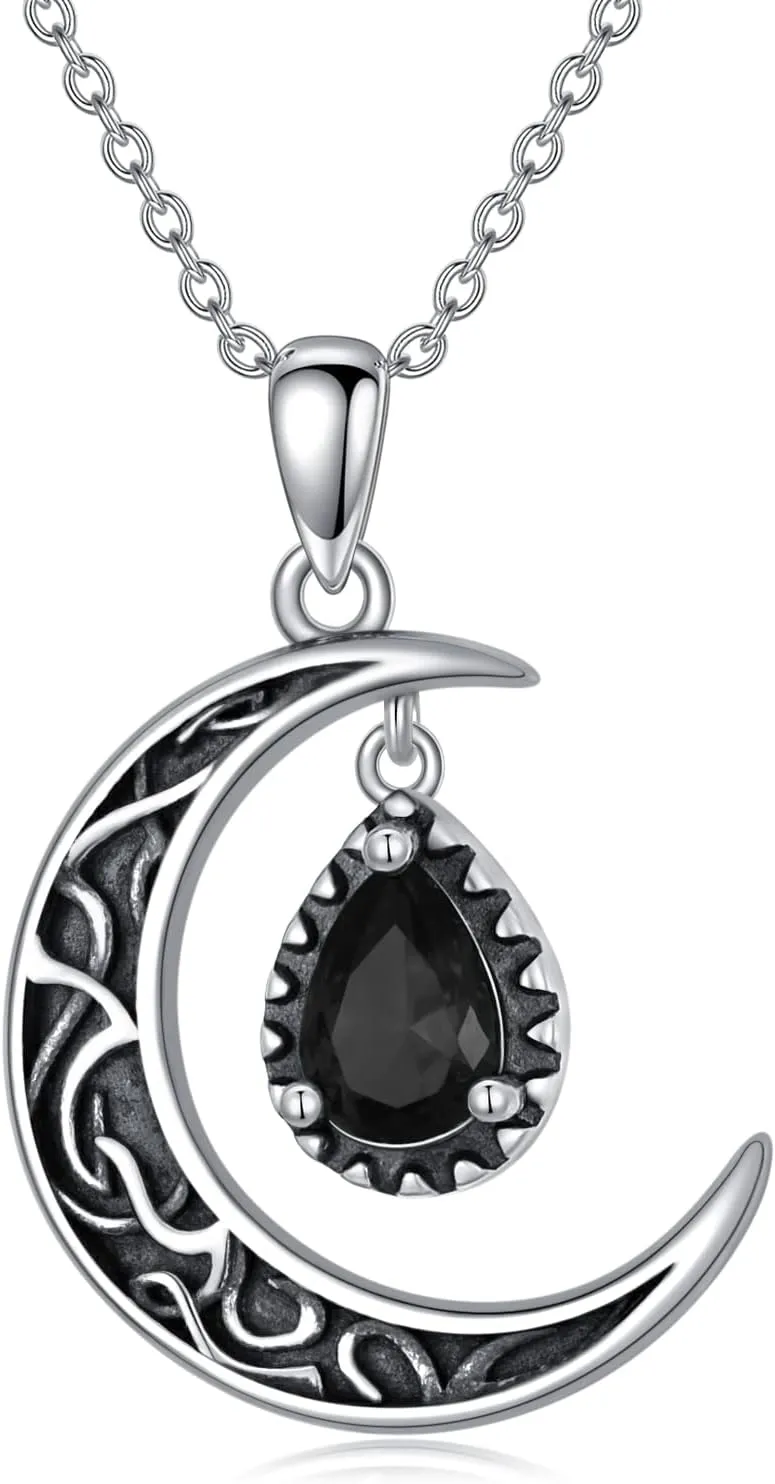 Crescent Moon Necklace Sterling Silver Emerald/Red/Purple/Black/Rainbow Topaz/Green/Aquamarine/Blue/Moss Agate Celtic Moon Teardrop Necklace Celtic Jewelry Gifts for Women Birthday