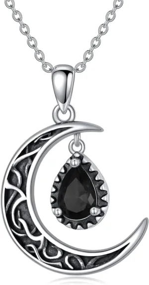 Crescent Moon Necklace Sterling Silver Emerald/Red/Purple/Black/Rainbow Topaz/Green/Aquamarine/Blue/Moss Agate Celtic Moon Teardrop Necklace Celtic Jewelry Gifts for Women Birthday