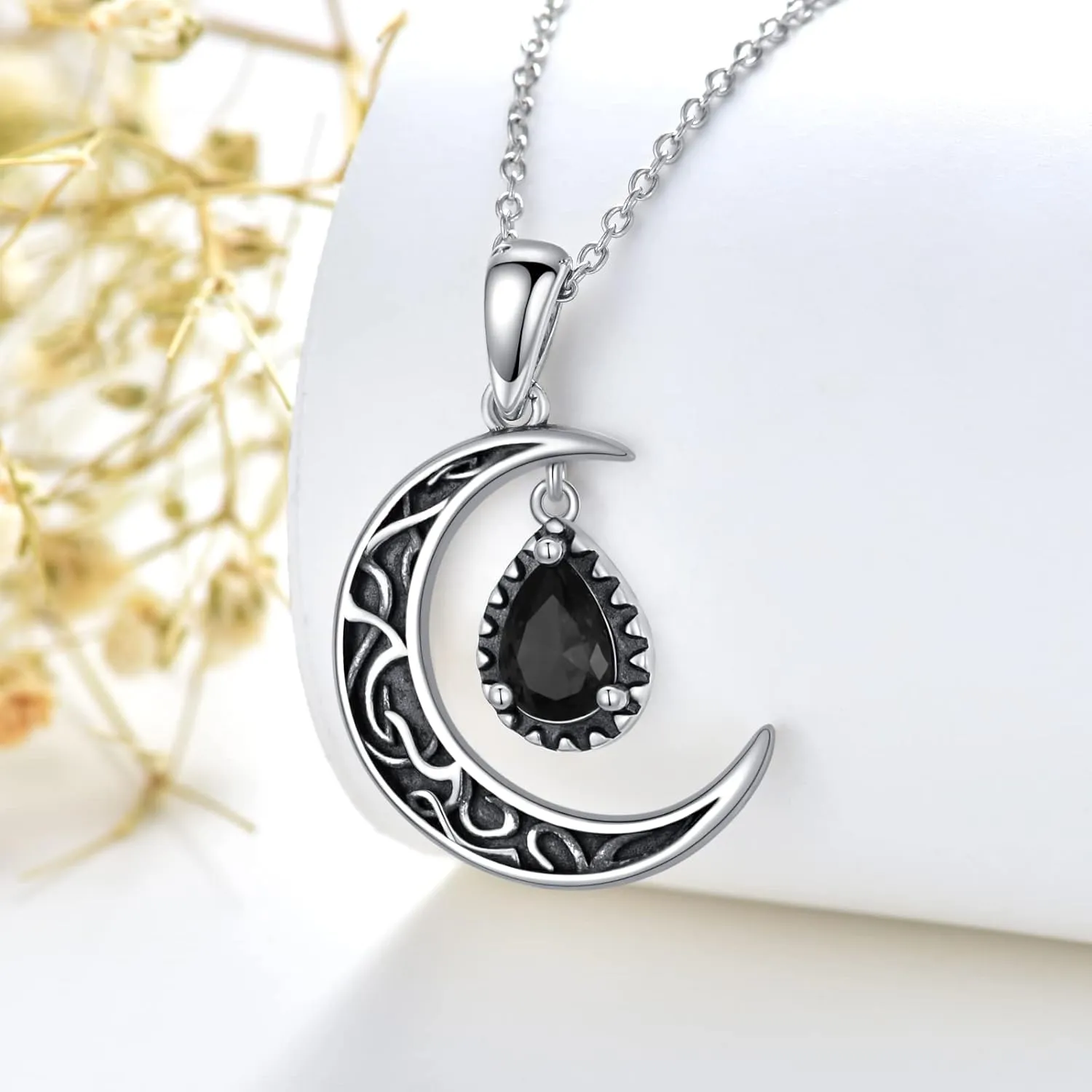 Crescent Moon Necklace Sterling Silver Emerald/Red/Purple/Black/Rainbow Topaz/Green/Aquamarine/Blue/Moss Agate Celtic Moon Teardrop Necklace Celtic Jewelry Gifts for Women Birthday