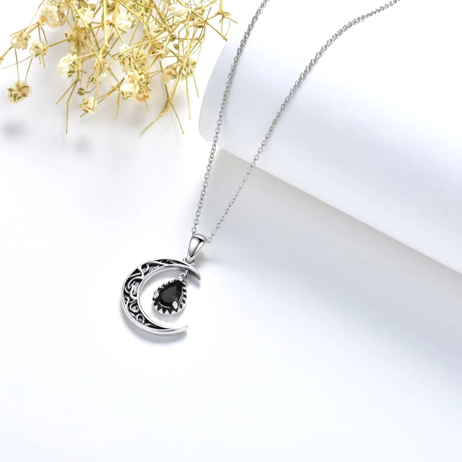 Crescent Moon Necklace Sterling Silver Emerald/Red/Purple/Black/Rainbow Topaz/Green/Aquamarine/Blue/Moss Agate Celtic Moon Teardrop Necklace Celtic Jewelry Gifts for Women Birthday