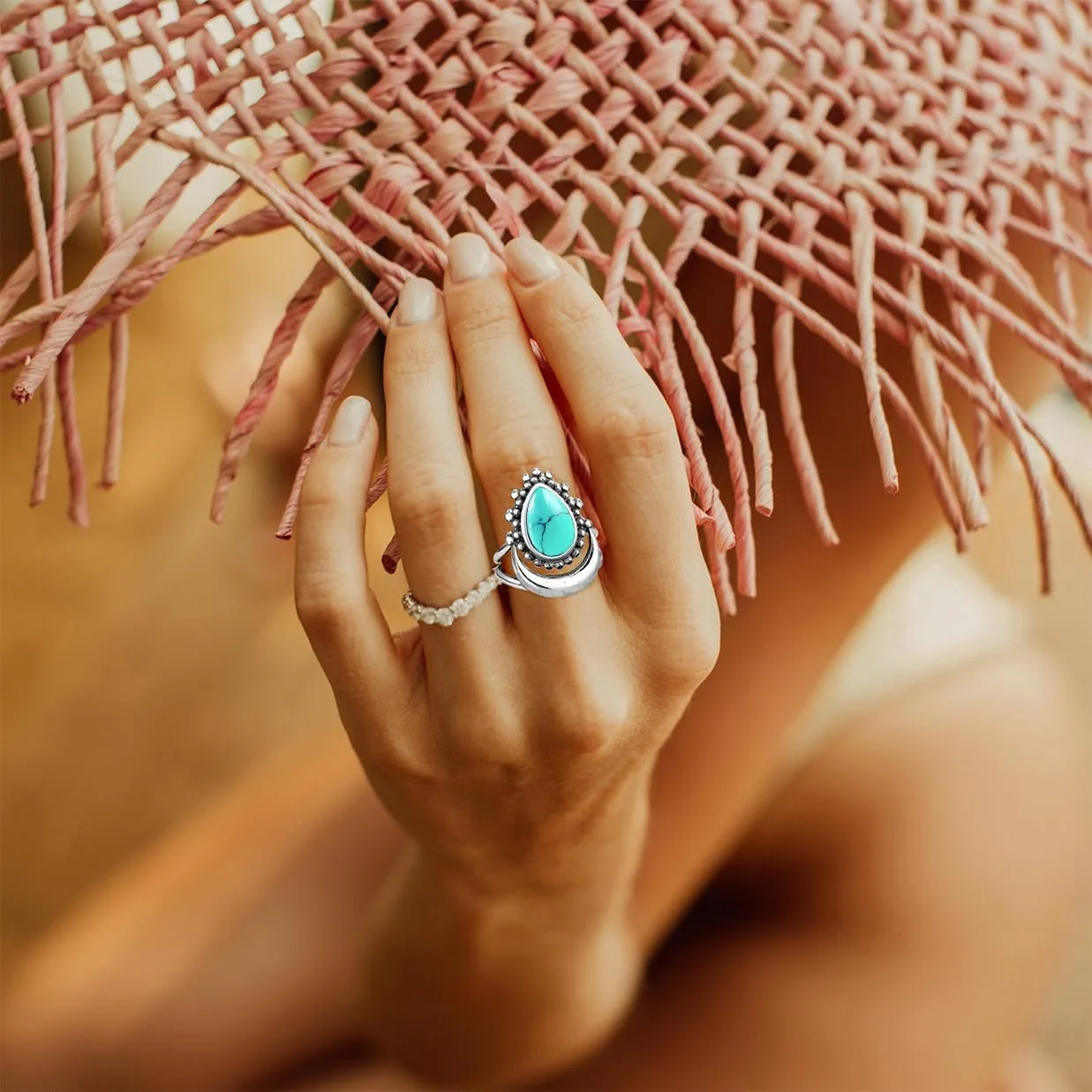 Crescent Moon Turquoise Stone Ring for Women Girls,S925 Sterling Silver Waterdrop Shaped Gemstone Boho Statement Ring Jewelry Gift for Her