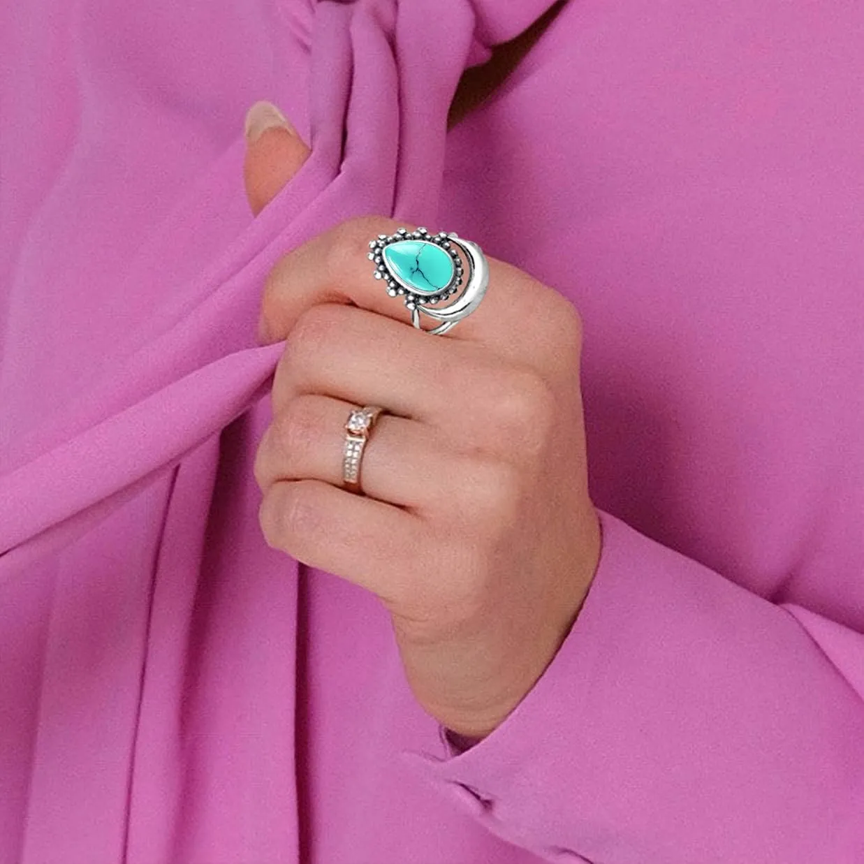 Crescent Moon Turquoise Stone Ring for Women Girls,S925 Sterling Silver Waterdrop Shaped Gemstone Boho Statement Ring Jewelry Gift for Her