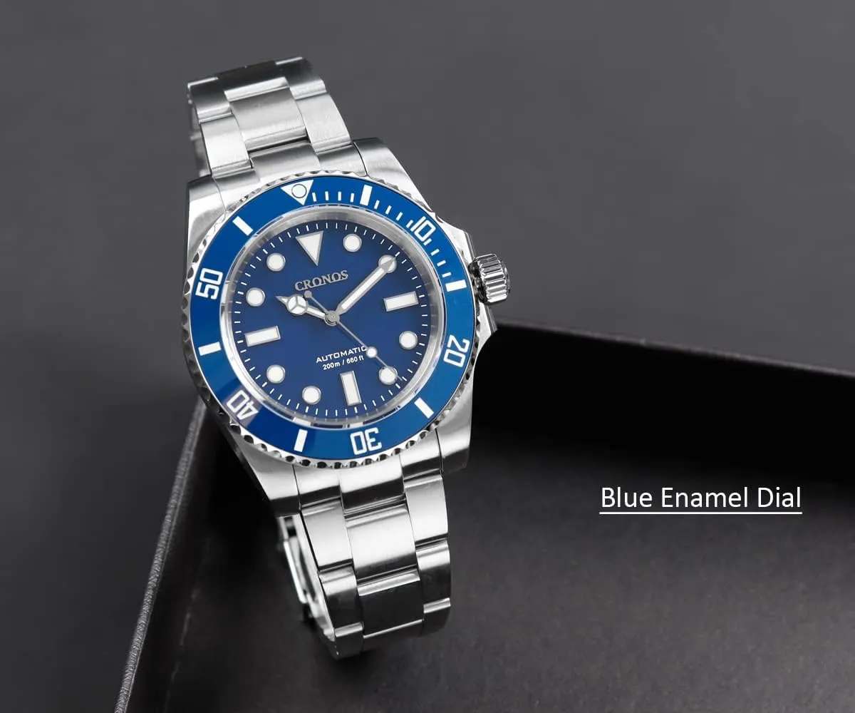 Cronos Sub Diver Men Watch No Date NH35 Sapphire Crystal Ceramic Bezel 20 ATM Glideclasp Automatic Wristwatches