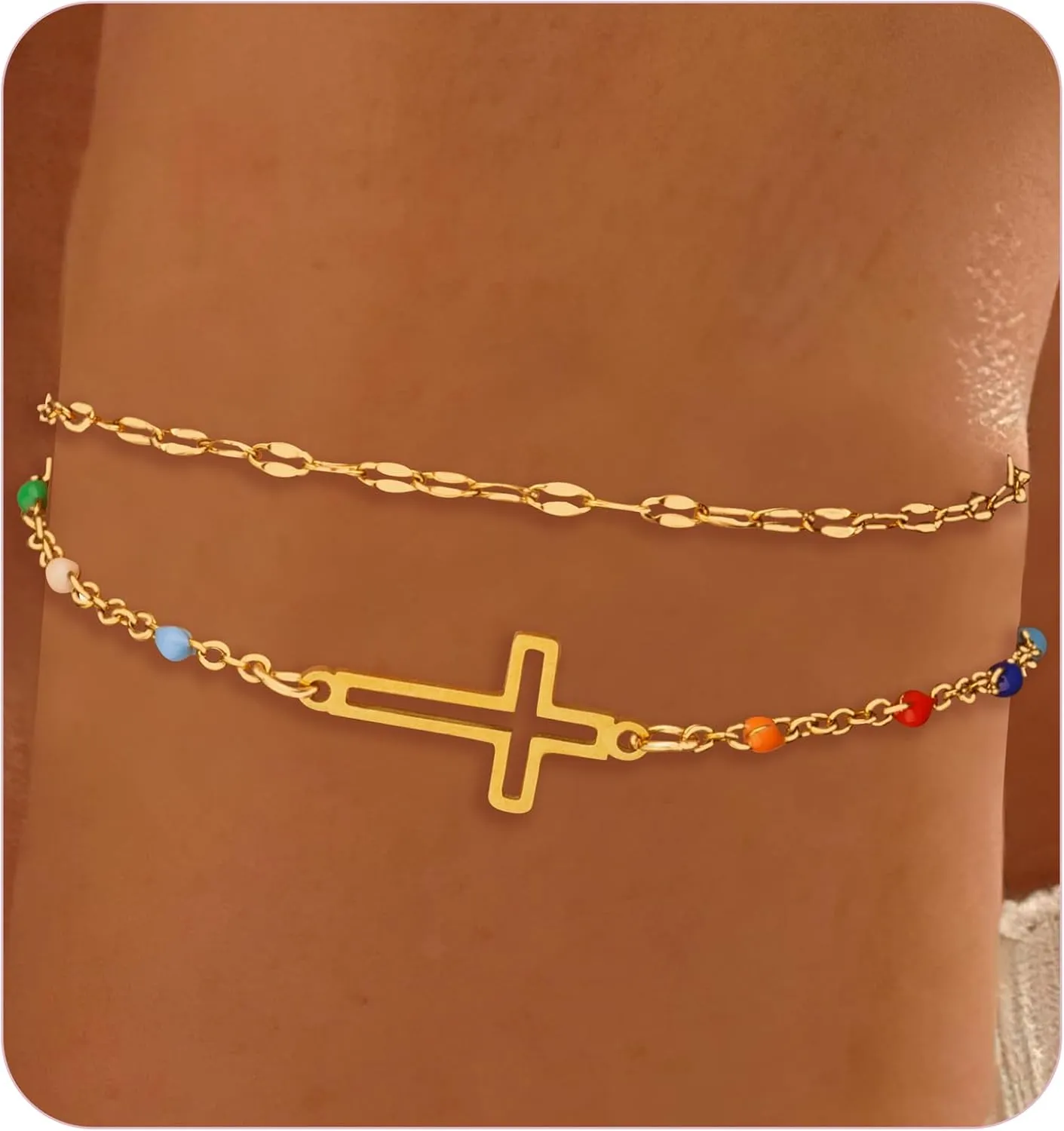 Cross Bracelet for Women 14K Gold Plated Stainless Steel Cross Charm Double Chain Layered Bracelets Christian Bracelet Gifts Religious Cross Jewelry Faith Gift