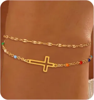 Cross Bracelet for Women 14K Gold Plated Stainless Steel Cross Charm Double Chain Layered Bracelets Christian Bracelet Gifts Religious Cross Jewelry Faith Gift