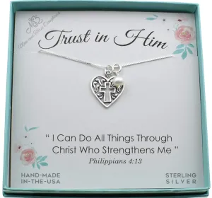 Cross Heart Necklaces for Women .925 Sterling Silver Heart Pendant, Handmade Necklaces, Accented with a Crystal Pearl, Gift for Teen Girl, Cross in Heart Necklace