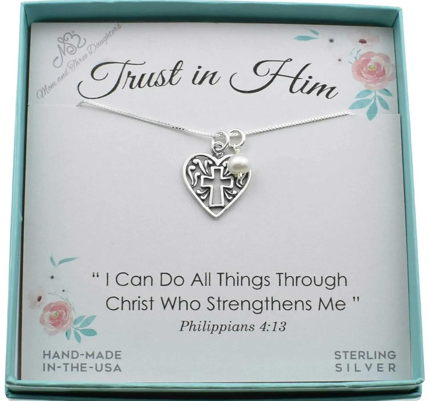 Cross Heart Necklaces for Women .925 Sterling Silver Heart Pendant, Handmade Necklaces, Accented with a Crystal Pearl, Gift for Teen Girl, Cross in Heart Necklace