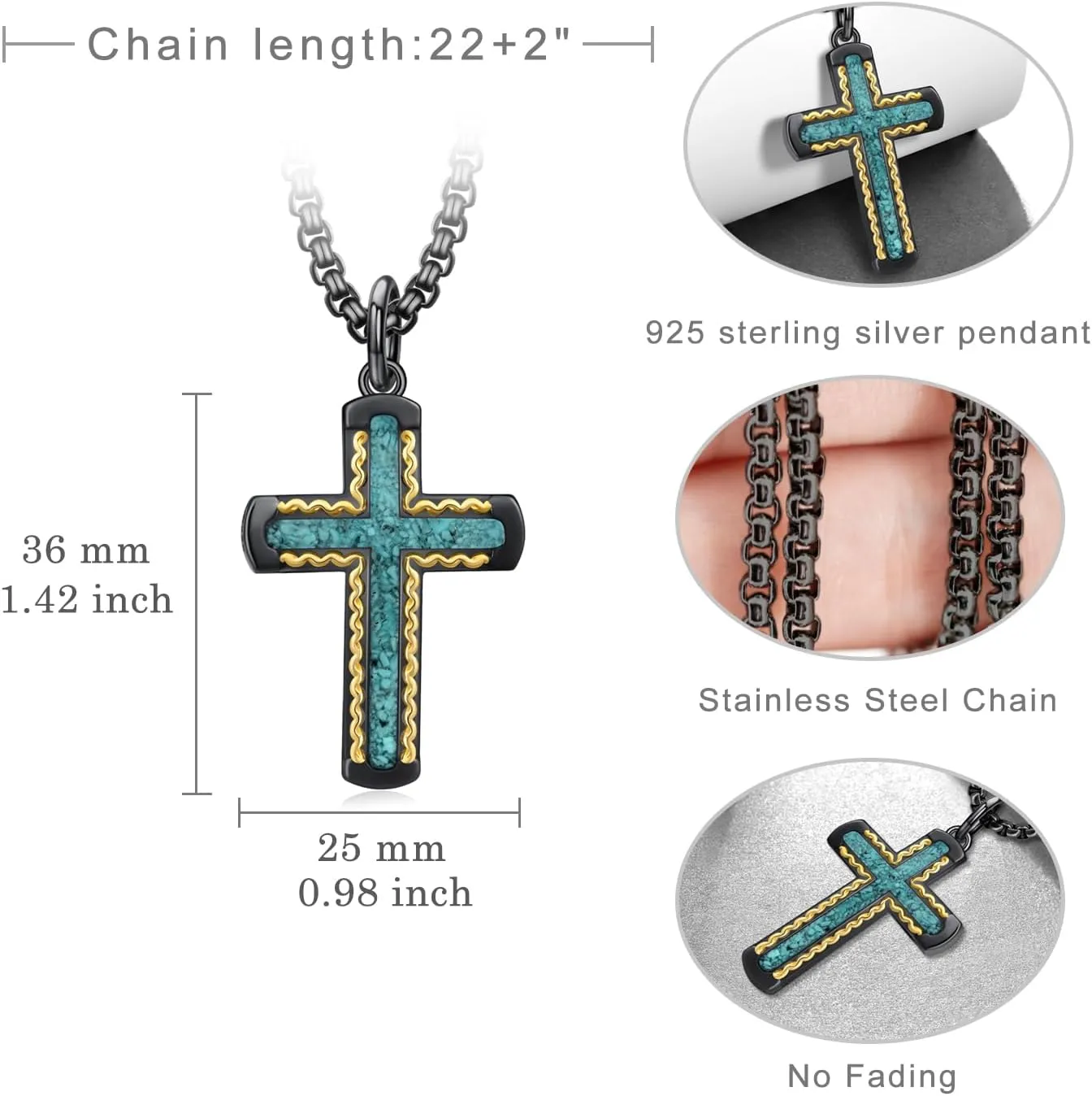 Cross Necklace 925 Sterling Silver Turquoise/Malachite/Abalone Cross Pendant Necklace for Men Cross Jewelry Gifts for Men Women