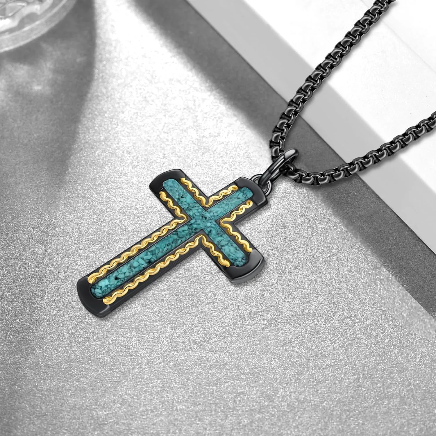 Cross Necklace 925 Sterling Silver Turquoise/Malachite/Abalone Cross Pendant Necklace for Men Cross Jewelry Gifts for Men Women